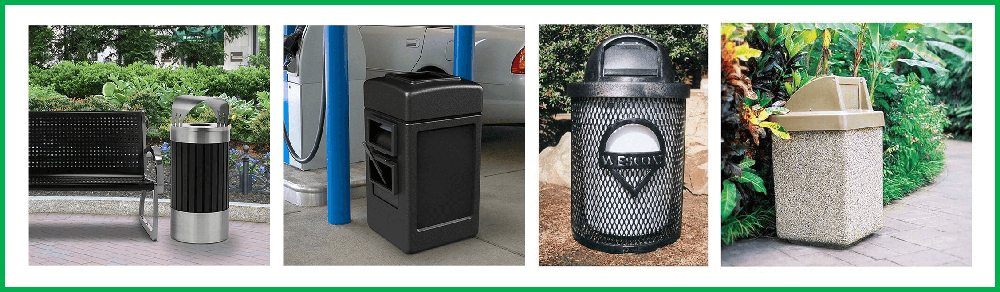 Collection of commercial outdoor trash cans in various materials including metal slat, plastic, mesh steel, and concrete for diverse property applications.